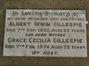Albert Irwin GILLESPIE, husband father, died 7 Sep 1962 aged 65 years; Grace Cecilia GILLESPIE, mother, died 7 Feb 1974 aged 78 years; Killarney cemetery, Warwick Shire 
