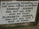 
Edward JENNER,
father,
died 21 Sept 1938 aged 68 years;
Elizabeth JENNER,
mother,
died 21 May 1970 aged 91 years;
Killarney cemetery, Warwick Shire
