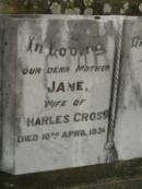 Jane, wife of Charles CROSS, mother, died 10 April 1936; Killarney cemetery, Warwick Shire 