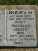 Jens Christian JENSEN, father, died 28 Aug 1977 aged 87 years; Mary Mathilde JENSEN, wife mother, died 20 Sept 1966 aged 75 years; Killarney cemetery, Warwick Shire 