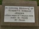 
Kenneth Ronald JENSEN,
died 6 March 1976 aged 41 years;
Killarney cemetery, Warwick Shire
