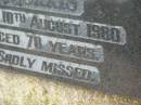 
William Kenneth MORRIS,
died 10 Aug 1980 aged 70 years;
Killarney cemetery, Warwick Shire
