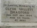 Clyde Willett BRADFORD, died 22 July 1964 aged 53 years; Killarney cemetery, Warwick Shire 