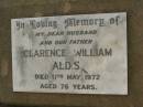 
Clarence William ALDIS,
husband father,
died 11 May 1972 aged 76 years;
Killarney cemetery, Warwick Shire
