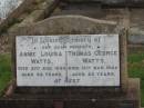 
parents;
Annie Louisa WATTS,
died 21 Aug 1946 aged 64 years;
Thomas George WATTS,
died 15 Mar 1944 aged 63 years;
Killarney cemetery, Warwick Shire
