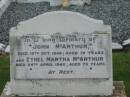 John MCARTHUR, died 10 Oct 1946 aged 72 years; Ethel Martha MCARTHUR, died 24 April 1960 aged 75 years; Killarney cemetery, Warwick Shire 