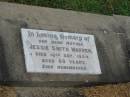 
Jessie Smith WARREN,
mother,
died 16 Sept 1954 aged 60 years;
Killarney cemetery, Warwick Shire
