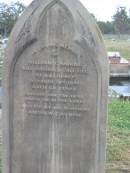 
William CANNING,
died Killarney 29 Oct 1895 aged 69 years,
erected by brother Andrew CANNING;
Killarney cemetery, Warwick Shire
