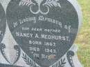 Roland R. MEDHURST, husband, born 1870, died 1833; Nancy A. MEDHURST, mother, born 1867, died 1943; H.J. MEDHURST, killed in action 1917; C.R. MEDHURT, died England 1916; Killarney cemetery, Warwick Shire 
