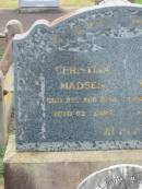 
Christina MADSEN,
died 25 Aug 1934 aged 62 years;
Mads MADSEN,
died 22 Jan 1931 aged 61 years;
Ruth Sylvia MADSEN,
born 22 Nov 1915,
died 1 Feb 1916,
erected by parents;
Killarney cemetery, Warwick Shire
