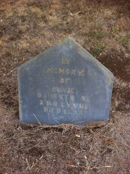 Annie LYNNE  | d: 1838  | daughter of J and R LYNNE  |   | Kingscote historic cemetery - Reeves Point, Kangaroo Island, South Australia  |   | 