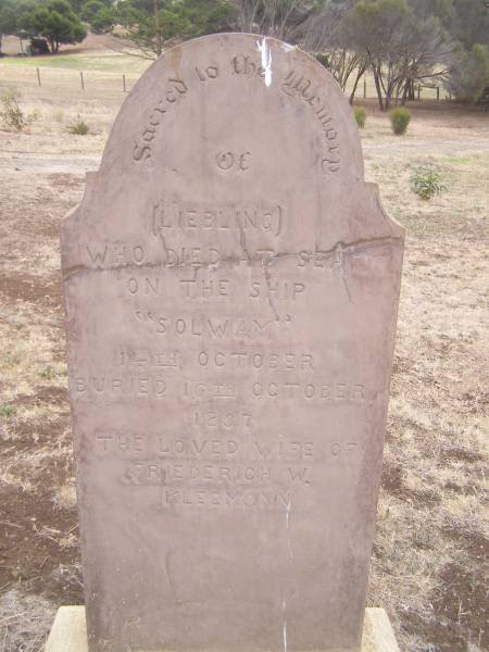 (Liebling)  | who died at sea on the ship  Solway  14 Oct 1837  | the loved wife of Friederich W KLEEMANN  |   | Kingscote historic cemetery - Reeves Point, Kangaroo Island, South Australia  |   | 