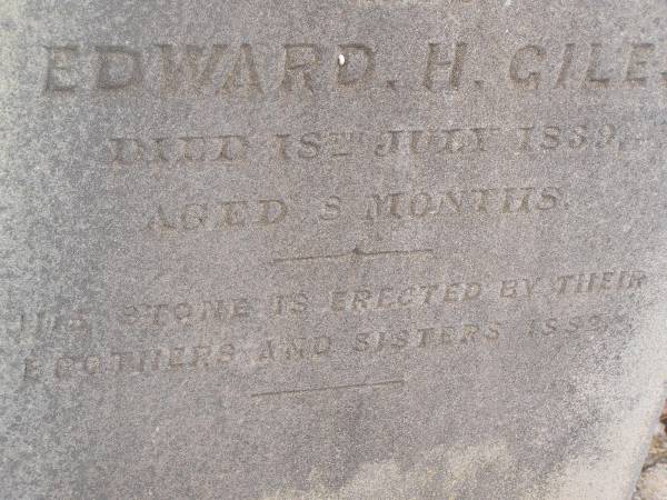 Samuel GILES  | d: 18 Feb 1829 aged 9 years  |   | Edward H GILES  | d: 18 Jul 1839  | aged 8 mo  |   | This stone erected by their brothers and sisters 1889  |   | Kingscote historic cemetery - Reeves Point, Kangaroo Island, South Australia  |   | 