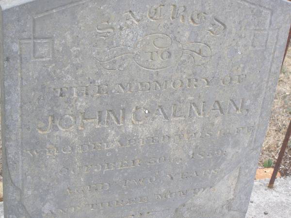 John CALNAN  | d: 30 Oct 1859 aged 2 Y, 3 mo  |   | Kingscote historic cemetery - Reeves Point, Kangaroo Island, South Australia  |   | 