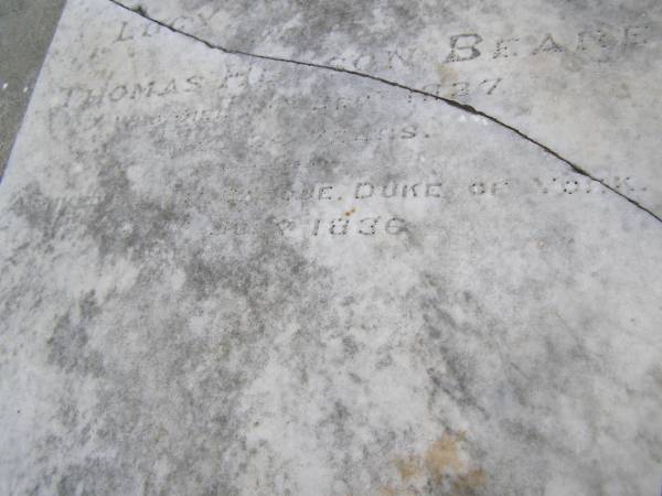 Lucy Ann BEARE  | b 1803 in England  | wife of Thomas Hudson BEARE  | d: 13 Sep 1837  | arrived ?? barque Duke of York 27? July 1836  |   | Kingscote historic cemetery - Reeves Point, Kangaroo Island, South Australia  |   | 