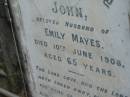 
John, husband of Emily MAYES,
died 10 June 1908 aged 65 years;
Emily MAYES, wife mother,
died 13 July 1933 aged 86 years;
Kingston Pioneer Cemetery, Logan City

