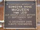 Edweena Anna MCQUEEN (nee LEIS), mother, 21 Sept 1957 - 10 Dec 2005; Lawnton cemetery, Pine Rivers Shire 