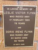 Leslie Victor FLYNN, died 17 Feb 1993 aged 78 years; Doris Irene FLYNN, died 24 March 2002 aged 83 years; Lawnton cemetery, Pine Rivers Shire 