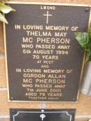 Thelma May MCPHERSON, died 5 Aug 1994 aged 70 years; Gordon Allan MCPHERSON, died 7 June 2001 aged 79 years; Lawnton cemetery, Pine Rivers Shire 