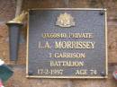 
L.A. MORRISSEY,
died 17-2-1997 aged 74 years;
Lawnton cemetery, Pine Rivers Shire
