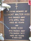 Clement Walter KIDD, died 27 April 1996 aged 85 years; Rose KIDD, died 17 March 1977 aged 65 years; Lawnton cemetery, Pine Rivers Shire 