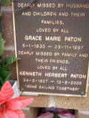 Grace Marie PATON, 5-1-1930 - 23-11-1997; Kenneth Herbert PATON, 24-3-1927 - 12-9-2005; Lawnton cemetery, Pine Rivers Shire 