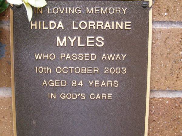 Hilda Lorraine MYLES,  | died 10 Oct 2003 aged 84 years;  | Lawnton cemetery, Pine Rivers Shire  | 