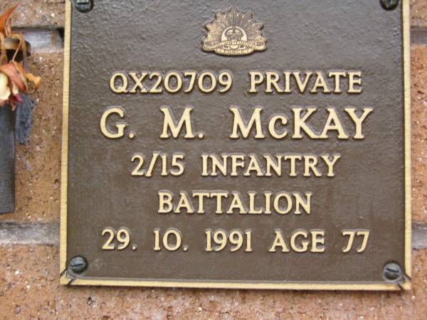 G.M. MCKAY,  | died 29-10-1991 aged 77 years;  | Lawnton cemetery, Pine Rivers Shire  | 