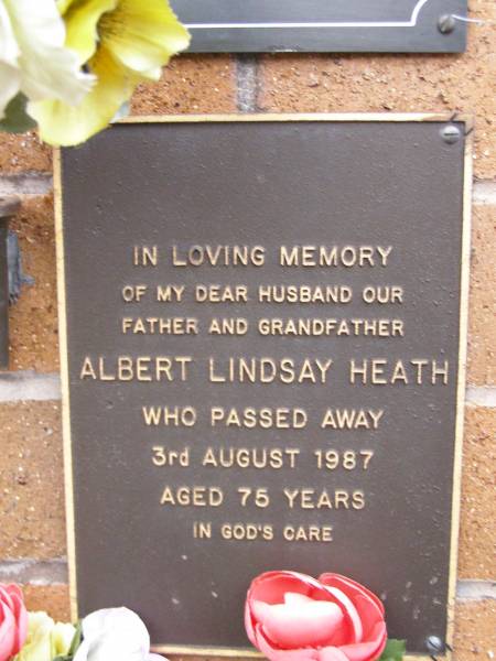 Albert Lindsay HEATH,  | husband father grandfather,  | died 3 Aug 1987 aged 75 years;  | Lawnton cemetery, Pine Rivers Shire  | 