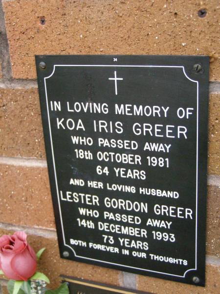 Koa Iris GREER,  | died 18 Oct 1981 aged 64 years;  | Lester Gordon GREER,  | husband,  | died 14 Dec 1993 aged 73 years;  | Lawnton cemetery, Pine Rivers Shire  | 