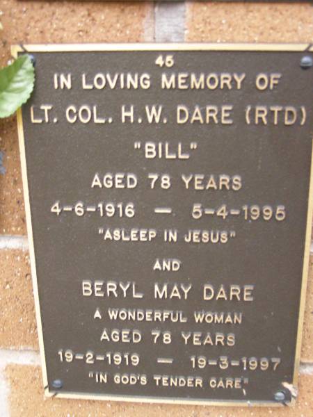 H.W. (Bill) DARE,  | 4-6-1916 - 5-4-1995 aged 78 years;  | Beryl May DARE,  | 19-2-1919 - 19-3-1997 aged 78 years;  | Lawnton cemetery, Pine Rivers Shire  | 