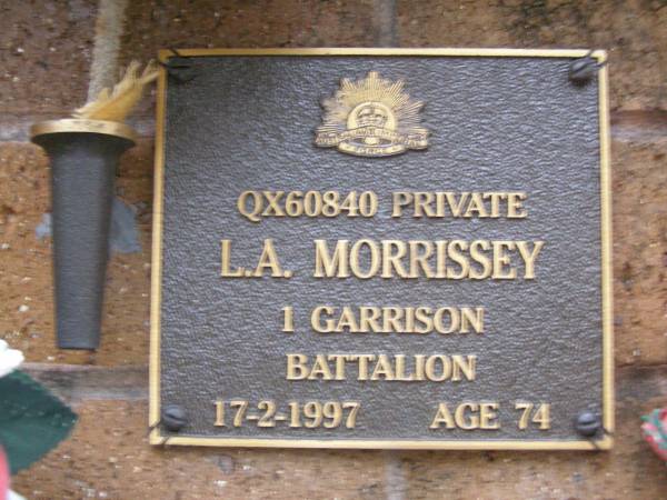 L.A. MORRISSEY,  | died 17-2-1997 aged 74 years;  | Lawnton cemetery, Pine Rivers Shire  | 