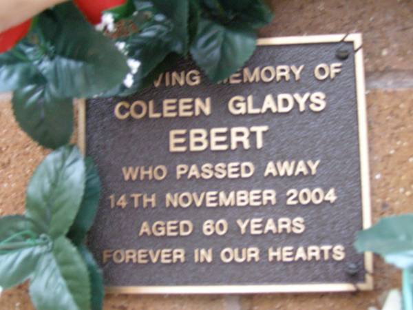 Coleen Gladys EBERT,  | died 14 Nov 2004 aged 60 years;  | Lawnton cemetery, Pine Rivers Shire  | 