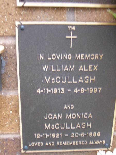 William Alex MCCULLAGH,  | 411-1913 - 4-8-1997;  | Joan Monica MCCULLAGH,  | 12-11-1921 - 20-6-1986;  | Lawnton cemetery, Pine Rivers Shire  | 