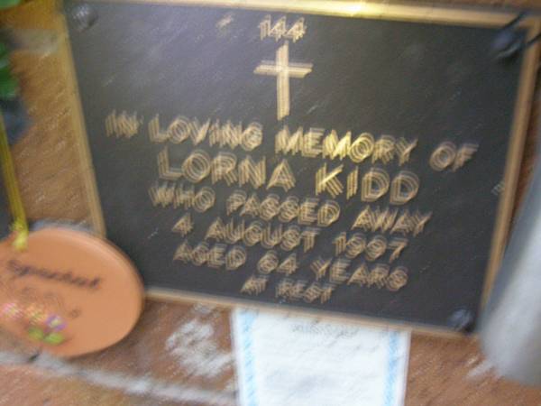 Lorna KIDD,  | died 4 Aug 1997 aged 64 years;  | Lawnton cemetery, Pine Rivers Shire  | 