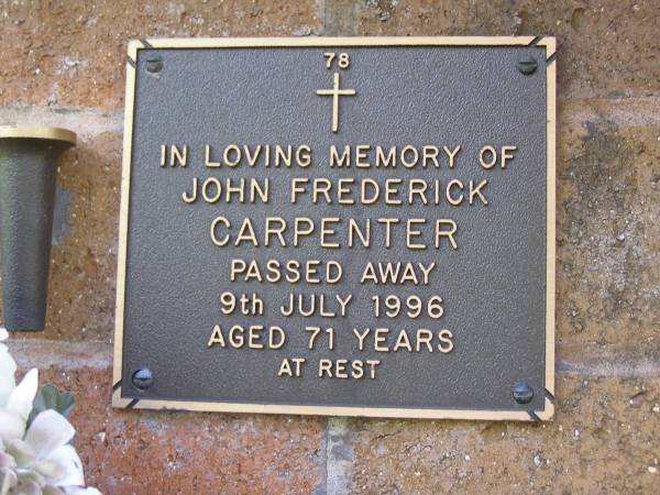 John Frederick CARPENTER,  | died 9 July 1996 aged 71 years;  | Lawnton cemetery, Pine Rivers Shire  | 