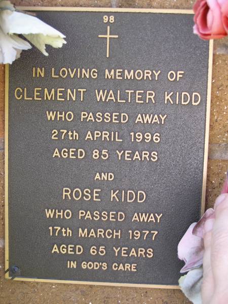 Clement Walter KIDD,  | died 27 April 1996 aged 85 years;  | Rose KIDD,  | died 17 March 1977 aged 65 years;  | Lawnton cemetery, Pine Rivers Shire  | 