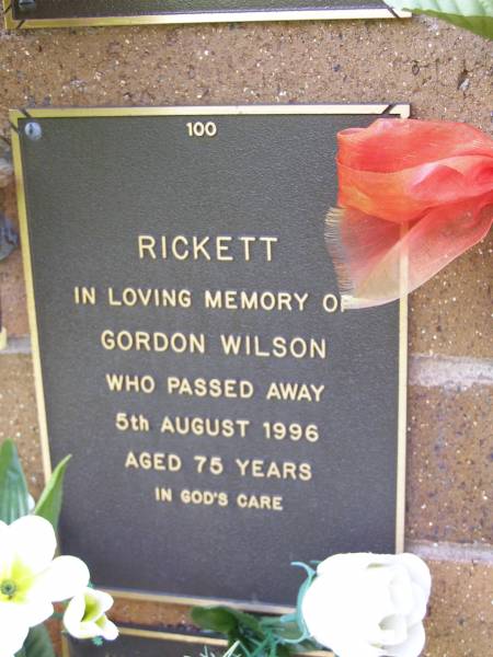 Gordon Wilson RICKETT,  | died 5 Aug 1996 aged 75 years;  | Lawnton cemetery, Pine Rivers Shire  | 