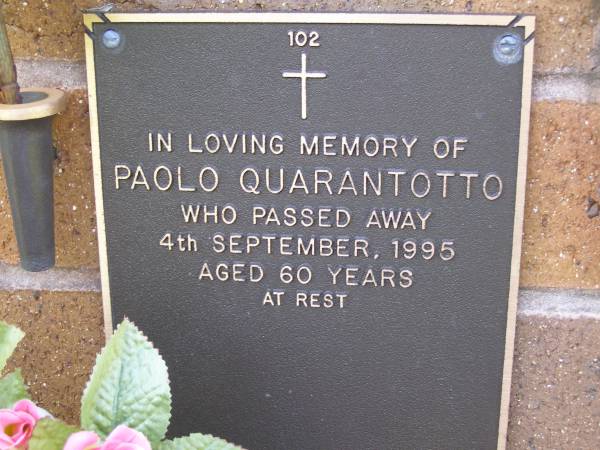 Paolo QUARANTOTTO,  | died 4 Sept 1995 aged 60 years;  | Lawnton cemetery, Pine Rivers Shire  | 