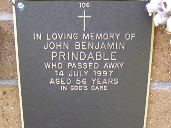 John Benjamin PRINDABLE,  | died 14 July 1997 aged 56 years;  | Lawnton cemetery, Pine Rivers Shire  | 