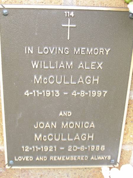 William Alex MCCULLAGH,  | 4-11-1913 - 4-8-1997;  | Joan Monica MCCULLAGH,  | 12-11-1921 - 20-6-1986;  | Lawnton cemetery, Pine Rivers Shire  | 