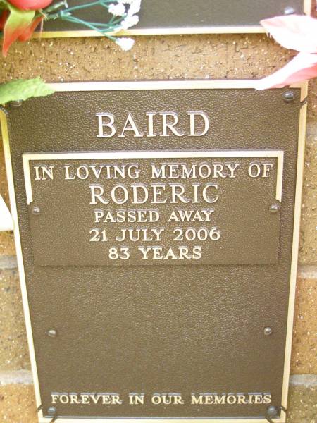 Roderic BAIRD,  | died 21 July 2006 aged 83 years;  | Lawnton cemetery, Pine Rivers Shire  | 