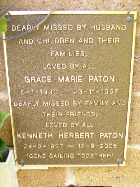 Grace Marie PATON,  | 5-1-1930 - 23-11-1997;  | Kenneth Herbert PATON,  | 24-3-1927 - 12-9-2005;  | Lawnton cemetery, Pine Rivers Shire  | 