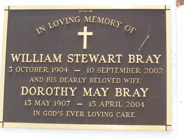 Jessie Margaret Stewart BRAY,  | died 20 Feb 1938 aged 61 years;  | Thomas Nathaniel BRAY,  | husband,  | died 3 June 1949 aged 83 years;  | John Sanders BRAY,  | son husband father,  | died 17 Oct 1974 aged 71 years;  | Mary Isabel BRAY,  | wife mother,  | born 29 Nov 1911,  | died 27 Nov 2004;  | Jessie Edith PETHERICK (nee BRAY),  | 2 Feb 1912 - 12 April 1995;  | Hugh Richard Reginald PETHERICK,  | husband,  | 11 Oct 1904 - 19 Sept 2002;  | William Stewart BRAY,  | 3 Oct 1904 - 10 Sept 2002;  | Dorothy May BRAY,  | wife,  | 13 May 1907 - 15 April 2004;  | Ronald Shirley BRAY,  | 17-4-1933 - 9-1-2000,  | husband of Kirsten,  | son of Victor & Lily BRAY (nee MCCULLAGH(,  | father grandather great-grandfather brother uncle,  | farmer of Kallangur;  | Lawnton cemetery, Pine Rivers Shire  | 