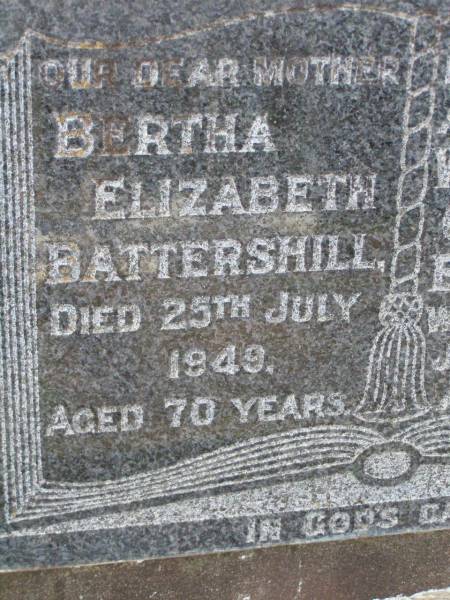Bertha Elizabeth BATTERSHILL,  | mother,  | died 25 July 1949 aged 70 years;  | William Henry BATTERSHILL,  | husband father,  | died 2 Jan 1948 aged 72 years;  | Lawnton cemetery, Pine Rivers Shire  | 