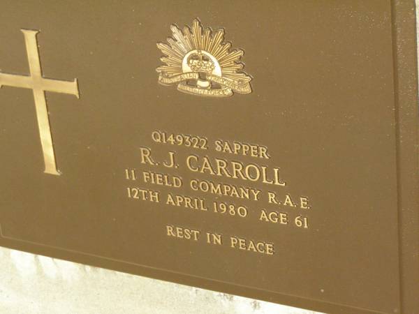 R.J. CARROLL,  | died 12 April 1980 aged 61 years;  | Lawnton cemetery, Pine Rivers Shire  | 