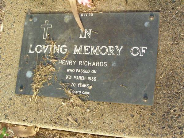 Henry RICHARDS,  | died 9 March 1936 aged 70 years;  | Lawnton cemetery, Pine Rivers Shire  | 