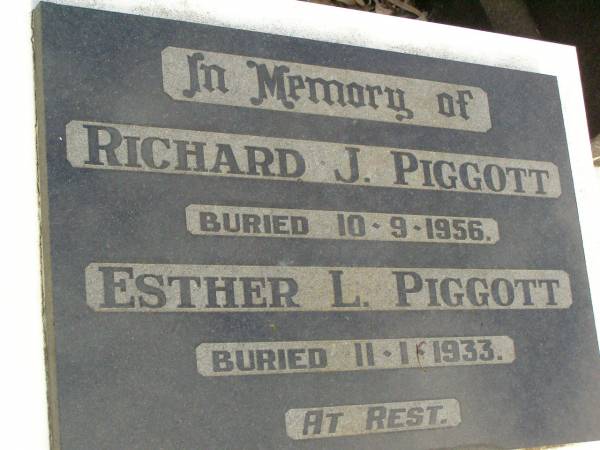 Richard J. PIGGOTT,  | buried 10-9-1956;  | Esther L. PIGGOTT,  | buried 11-1-1933;  | Lawnton cemetery, Pine Rivers Shire  | 