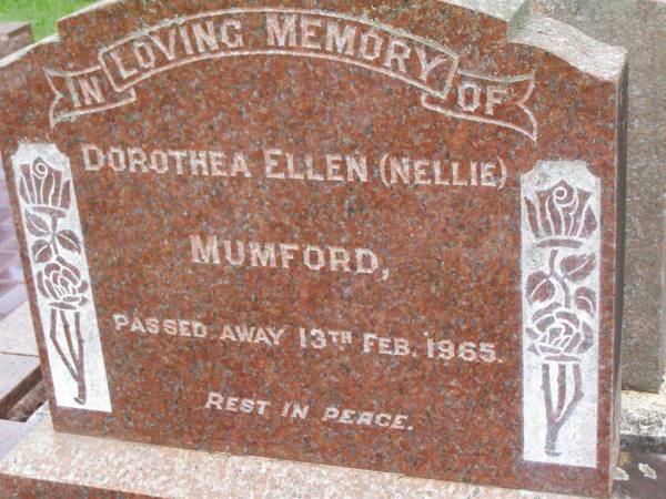 Dorothea Ellen (Nellie) MUMFORD,  | died 13 Feb 1965;  | Edwin William (Ted) MUMFORD,  | died 31 Oct 2003 aged 88 years;  | Elsie May SMITH (nee MUMFORD),  | wife mother,  | died 27 March 1987;  | Frederick Lorenz,  | husband father,  | died 26? Feb 1979;  | Lawnton cemetery, Pine Rivers Shire  | 