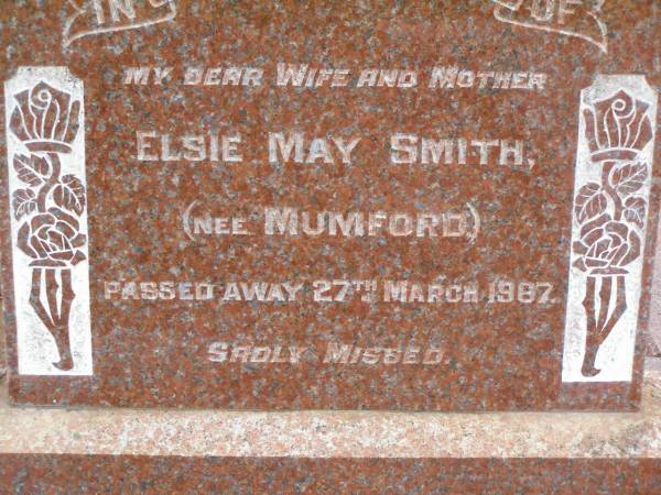 Dorothea Ellen (Nellie) MUMFORD,  | died 13 Feb 1965;  | Edwin William (Ted) MUMFORD,  | died 31 Oct 2003 aged 88 years;  | Elsie May SMITH (nee MUMFORD),  | wife mother,  | died 27 March 1987;  | Frederick Lorenz,  | husband father,  | died 26? Feb 1979;  | Lawnton cemetery, Pine Rivers Shire  | 